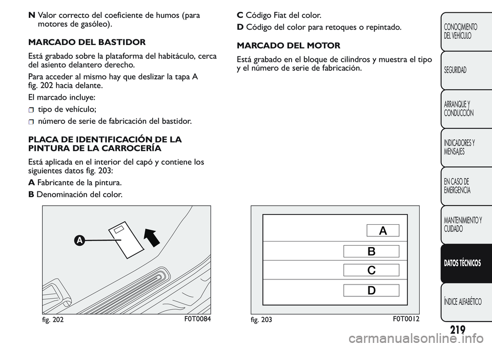 FIAT FIORINO 2017 Manual de Empleo y Cuidado (in Spanish) NValor correcto del coeficiente de humos (para
motores de gasóleo).
MARCADO DEL BASTIDOR
Está grabado sobre la plataforma del habitáculo, cerca
del asiento delantero derecho.
Para acceder al mismo FIAT FIORINO 2017 Manual de Empleo y Cuidado (in Spanish) NValor correcto del coeficiente de humos (para
motores de gasóleo).
MARCADO DEL BASTIDOR
Está grabado sobre la plataforma del habitáculo, cerca
del asiento delantero derecho.
Para acceder al mismo