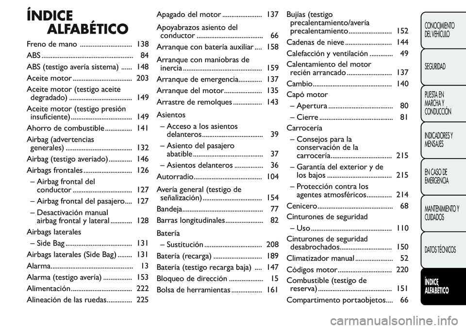 FIAT FIORINO 2017 Manual de Empleo y Cuidado (in Spanish) ÍNDICE
ALFABÉTICO
Freno de mano ............................. 138
ABS ................................................... 84
ABS (testigo avería sistema) ...... 148
Aceite motor ................... FIAT FIORINO 2017 Manual de Empleo y Cuidado (in Spanish) ÍNDICE
ALFABÉTICO
Freno de mano ............................. 138
ABS ................................................... 84
ABS (testigo avería sistema) ...... 148
Aceite motor ...................