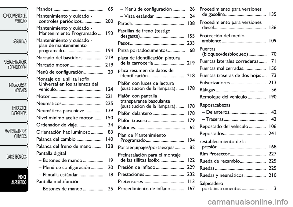FIAT FIORINO 2017 Manual de Empleo y Cuidado (in Spanish) Mandos ............................................ 65
Mantenimiento y cuidado -
controles periódicos .................. 200
Mantenimiento y cuidado -
Mantenimiento Programado .... 193
Mantenimiento FIAT FIORINO 2017 Manual de Empleo y Cuidado (in Spanish) Mandos ............................................ 65
Mantenimiento y cuidado -
controles periódicos .................. 200
Mantenimiento y cuidado -
Mantenimiento Programado .... 193
Mantenimiento