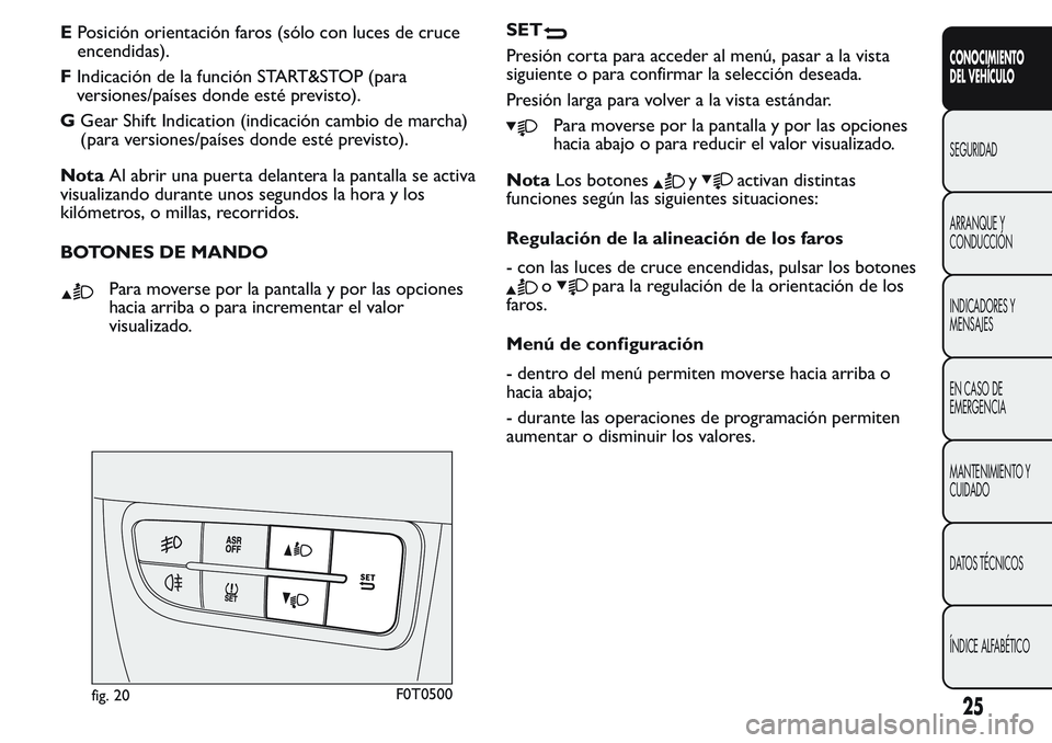 FIAT FIORINO 2017  Manual de Empleo y Cuidado (in Spanish) EPosición orientación faros (sólo con luces de cruce
encendidas).
FIndicación de la función START&STOP (para
versiones/países donde esté previsto).
GGear Shift Indication (indicación cambio de