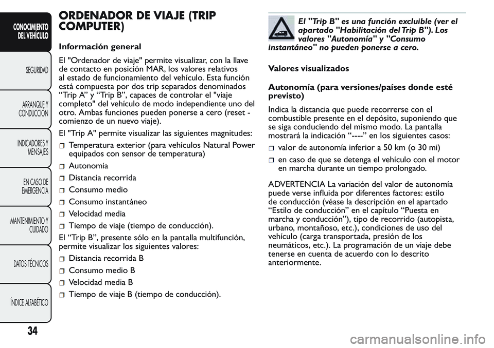 FIAT FIORINO 2017 Manual de Empleo y Cuidado (in Spanish) ORDENADOR DE VIAJE (TRIP
COMPUTER)
Información general
El "Ordenador de viaje" permite visualizar, con la llave
de contacto en posición MAR, los valores relativos
al estado de funcionamiento FIAT FIORINO 2017 Manual de Empleo y Cuidado (in Spanish) ORDENADOR DE VIAJE (TRIP
COMPUTER)
Información general
El "Ordenador de viaje" permite visualizar, con la llave
de contacto en posición MAR, los valores relativos
al estado de funcionamiento