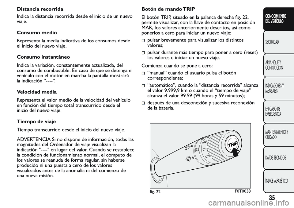 FIAT FIORINO 2017 Manual de Empleo y Cuidado (in Spanish) Distancia recorrida
Indica la distancia recorrida desde el inicio de un nuevo
viaje.
Consumo medio
Representa la media indicativa de los consumos desde
el inicio del nuevo viaje.
Consumo instantáneo
FIAT FIORINO 2017 Manual de Empleo y Cuidado (in Spanish) Distancia recorrida
Indica la distancia recorrida desde el inicio de un nuevo
viaje.
Consumo medio
Representa la media indicativa de los consumos desde
el inicio del nuevo viaje.
Consumo instantáneo