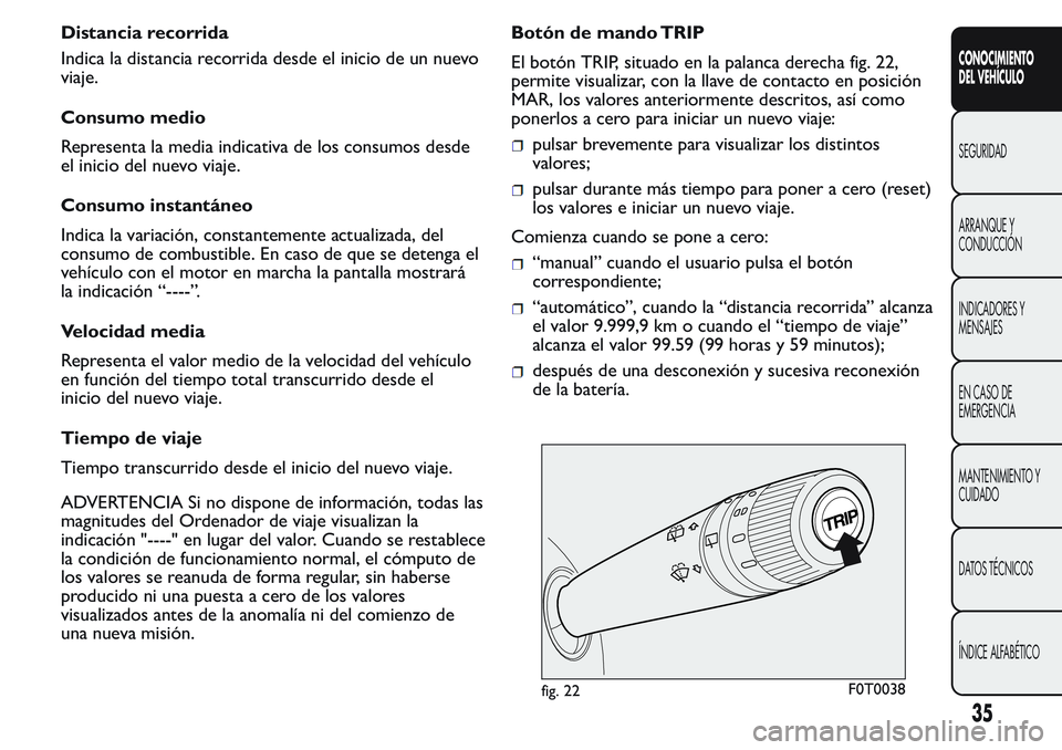 FIAT FIORINO 2017  Manual de Empleo y Cuidado (in Spanish) Distancia recorrida
Indica la distancia recorrida desde el inicio de un nuevo
viaje.
Consumo medio
Representa la media indicativa de los consumos desde
el inicio del nuevo viaje.
Consumo instantáneo
