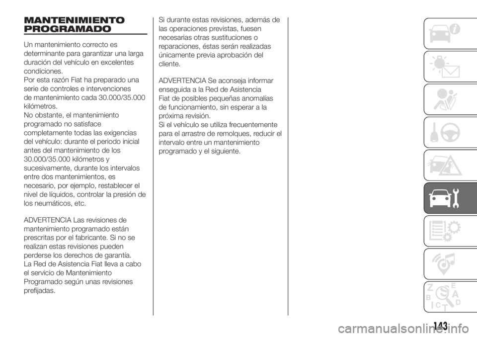FIAT FIORINO 2018  Manual de Empleo y Cuidado (in Spanish) MANTENIMIENTO
PROGRAMADO
Un mantenimiento correcto es
determinante para garantizar una larga
duración del vehículo en excelentes
condiciones.
Por esta razón Fiat ha preparado una
serie de controles