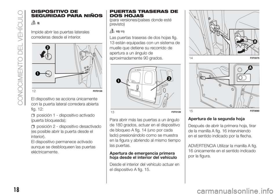 FIAT FIORINO 2018 Manual de Empleo y Cuidado (in Spanish) DISPOSITIVO DE
SEGURIDAD PARA NIÑOS
9)
Impide abrir las puertas laterales
correderas desde el interior.
El dispositivo se acciona únicamente
con la puerta lateral corredera abierta
fig. 12:
posició FIAT FIORINO 2018 Manual de Empleo y Cuidado (in Spanish) DISPOSITIVO DE
SEGURIDAD PARA NIÑOS
9)
Impide abrir las puertas laterales
correderas desde el interior.
El dispositivo se acciona únicamente
con la puerta lateral corredera abierta
fig. 12:
posició