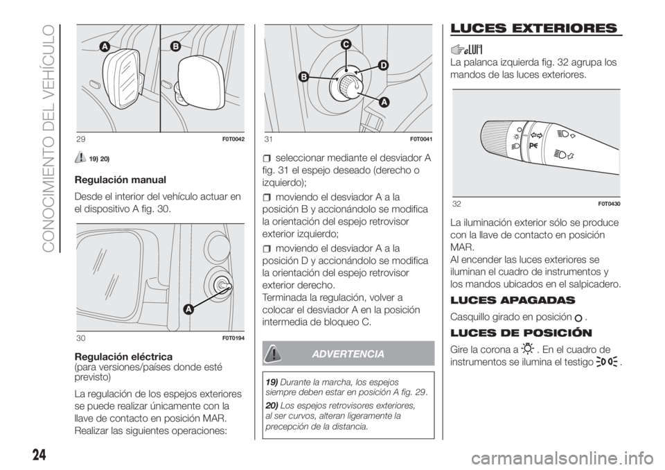 FIAT FIORINO 2018  Manual de Empleo y Cuidado (in Spanish) 19) 20)
Regulación manual
Desde el interior del vehículo actuar en
el dispositivo A fig. 30.
Regulación eléctrica
(para versiones/países donde esté
previsto)
La regulación de los espejos exteri