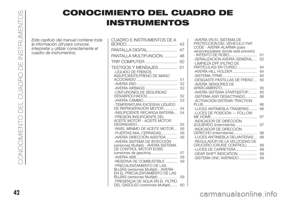 FIAT FIORINO 2018 Manual de Empleo y Cuidado (in Spanish) CONOCIMIENTO DEL CUADRO DE
INSTRUMENTOS
Este capítulo del manual contiene toda
la información útil para conocer,
interpretar y utilizar correctamente el
cuadro de instrumentos.CUADRO E INSTRUMENTOS FIAT FIORINO 2018 Manual de Empleo y Cuidado (in Spanish) CONOCIMIENTO DEL CUADRO DE
INSTRUMENTOS
Este capítulo del manual contiene toda
la información útil para conocer,
interpretar y utilizar correctamente el
cuadro de instrumentos.CUADRO E INSTRUMENTOS