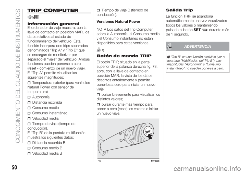 FIAT FIORINO 2018  Manual de Empleo y Cuidado (in Spanish) TRIP COMPUTER
Información general
El ordenador de viaje muestra, con la
llave de contacto en posición MAR, los
datos relativos al estado de
funcionamiento del vehículo. Esta
función incorpora dos 