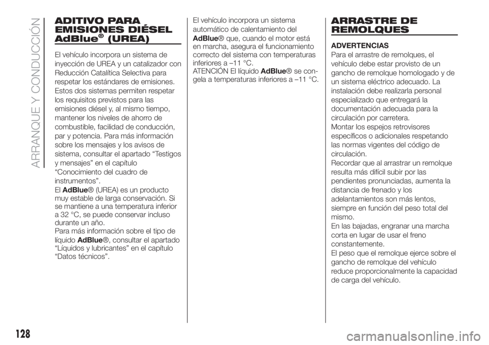 FIAT FIORINO 2019 Manual de Empleo y Cuidado (in Spanish) ADITIVO PARA
EMISIONES DIÉSEL
AdBlue
®(UREA)
El vehículo incorpora un sistema de
inyección de UREA y un catalizador con
Reducción Catalítica Selectiva para
respetar los estándares de emisiones. FIAT FIORINO 2019 Manual de Empleo y Cuidado (in Spanish) ADITIVO PARA
EMISIONES DIÉSEL
AdBlue
®(UREA)
El vehículo incorpora un sistema de
inyección de UREA y un catalizador con
Reducción Catalítica Selectiva para
respetar los estándares de emisiones.