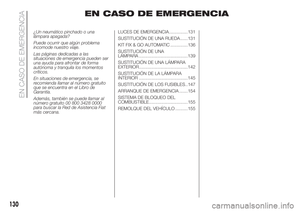 FIAT FIORINO 2019 Manual de Empleo y Cuidado (in Spanish) EN CASO DE EMERGENCIA
¿Un neumático pinchado o una
lámpara apagada?
Puede ocurrir que algún problema
incomode nuestro viaje.
Las páginas dedicadas a las
situaciones de emergencia pueden ser
una a FIAT FIORINO 2019 Manual de Empleo y Cuidado (in Spanish) EN CASO DE EMERGENCIA
¿Un neumático pinchado o una
lámpara apagada?
Puede ocurrir que algún problema
incomode nuestro viaje.
Las páginas dedicadas a las
situaciones de emergencia pueden ser
una a