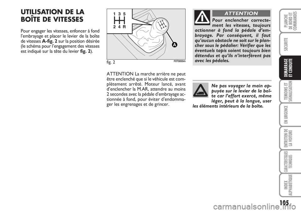 FIAT FIORINO 2007  Notice dentretien (in French) 105
SECURITE
TEMOINS ETSIGNALISATION
EN URGENCE
ENTRETIEN DE
LA VOITURE
CARACTERISTIQUES
TECHNIQUES
INDEX
ALPHABETIQUE
PLANCHE
DE BORD ET
COMMANDES
DEMARRAGE
ET CONDUITE
UTILISATION DE LA
BOÎTE DE VI