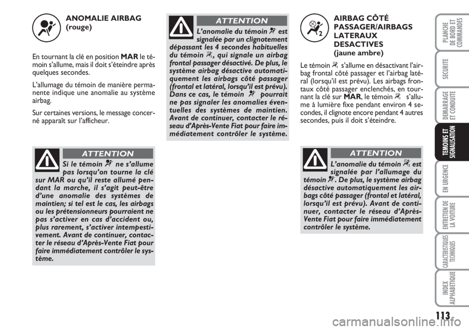 FIAT FIORINO 2007  Notice dentretien (in French) 113
SECURITE
DEMARRAGE
ET CONDUITE
EN URGENCE
ENTRETIEN DE
LA VOITURE
CARACTERISTIQUES
TECHNIQUES
INDEX
ALPHABETIQUE
PLANCHE
DE BORD ET
COMMANDES
TEMOINS ETSIGNALISATION
ANOMALIE AIRBAG
(rouge)
En tou