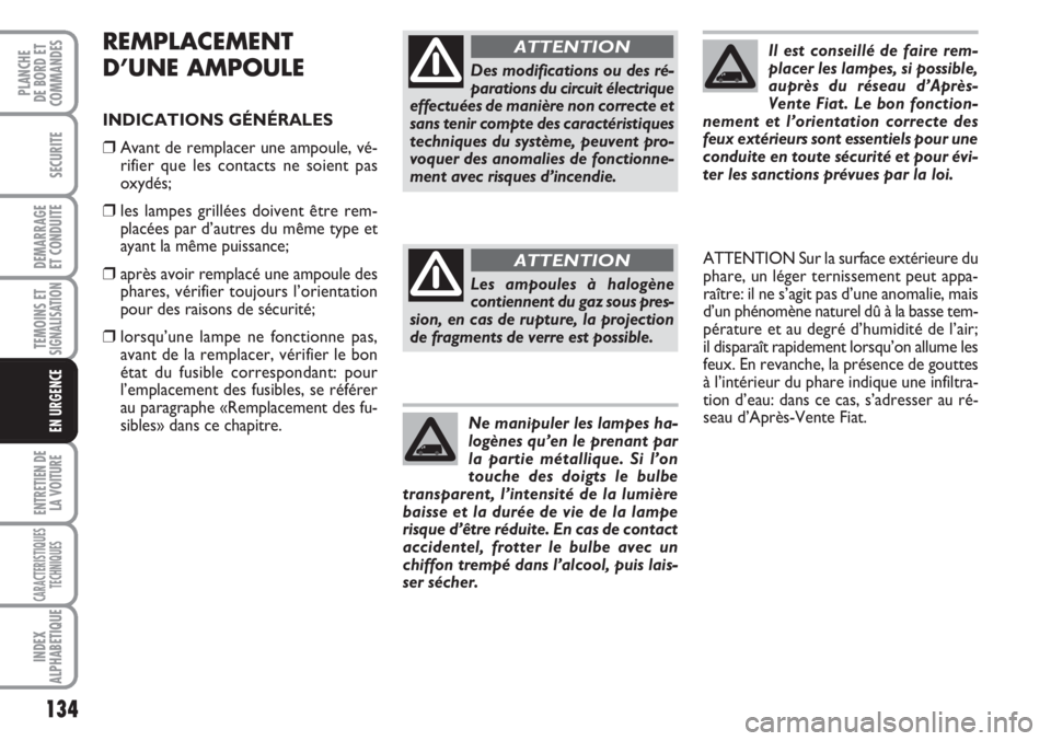 FIAT FIORINO 2007 Notice dentretien (in French) 134
SECURITE
DEMARRAGE
ET CONDUITE
TEMOINS ETSIGNALISATION
ENTRETIEN DE
LA VOITURE
CARACTERISTIQUES
TECHNIQUES
INDEX
ALPHABETIQUE
PLANCHE
DE BORD ET
COMMANDES
EN URGENCE
REMPLACEMENT
D’UNE AMPOULE
I FIAT FIORINO 2007 Notice dentretien (in French) 134
SECURITE
DEMARRAGE
ET CONDUITE
TEMOINS ETSIGNALISATION
ENTRETIEN DE
LA VOITURE
CARACTERISTIQUES
TECHNIQUES
INDEX
ALPHABETIQUE
PLANCHE
DE BORD ET
COMMANDES
EN URGENCE
REMPLACEMENT
D’UNE AMPOULE
I