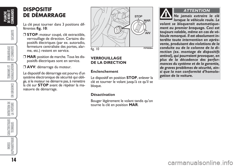 FIAT FIORINO 2007 Notice dentretien (in French) 14
SECURITE
DEMARRAGE
ET CONDUITE
TEMOINS ETSIGNALISATION
EN URGENCE
ENTRETIEN DE
LA VOITURE
CARACTERISTIQUES
TECHNIQUES
INDEX
ALPHABETIQUE
PLANCHE
DE BORD ET
COMMANDES
fig. 10F0T0039m
Ne jamais extra FIAT FIORINO 2007 Notice dentretien (in French) 14
SECURITE
DEMARRAGE
ET CONDUITE
TEMOINS ETSIGNALISATION
EN URGENCE
ENTRETIEN DE
LA VOITURE
CARACTERISTIQUES
TECHNIQUES
INDEX
ALPHABETIQUE
PLANCHE
DE BORD ET
COMMANDES
fig. 10F0T0039m
Ne jamais extra