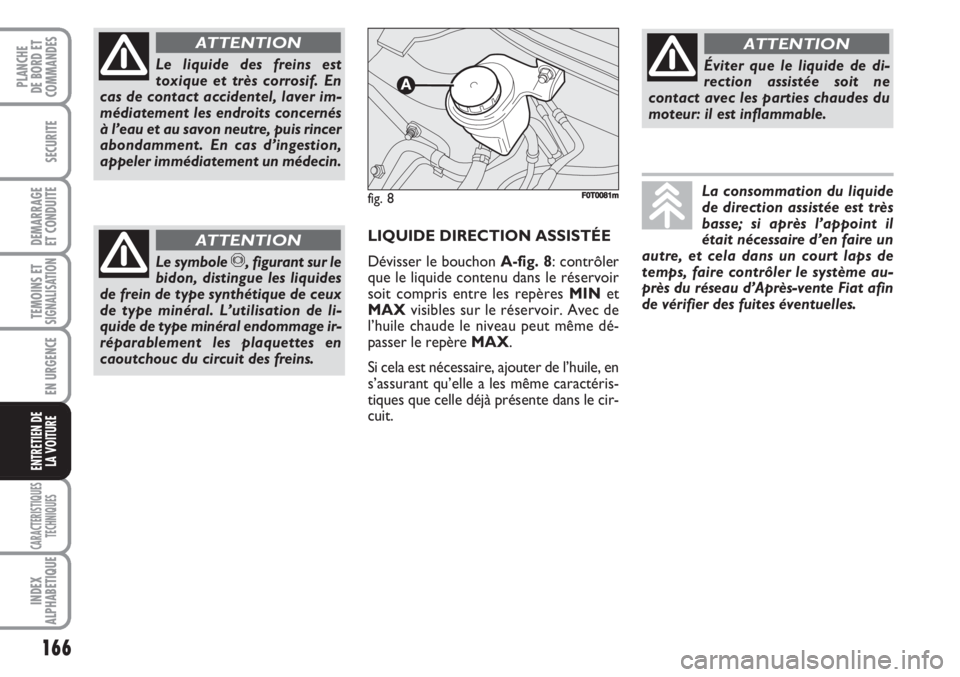 FIAT FIORINO 2007  Notice dentretien (in French) 166
SECURITE
DEMARRAGE
ET CONDUITE
TEMOINS ETSIGNALISATION
EN URGENCE
CARACTERISTIQUES
TECHNIQUES
INDEX
ALPHABETIQUE
PLANCHE
DE BORD ET
COMMANDES
ENTRETIEN DE
LA VOITURE
Le liquide des freins est
toxi