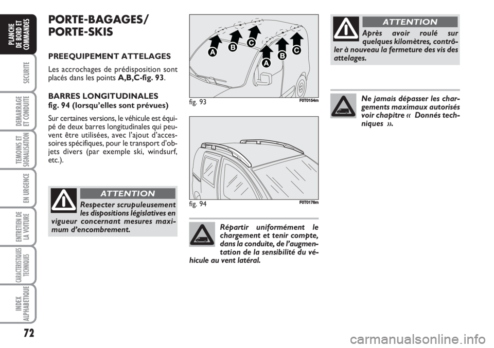 FIAT FIORINO 2007 Notice dentretien (in French) 72
SECURITE
DEMARRAGE
ET CONDUITE
TEMOINS ETSIGNALISATION
EN URGENCE
ENTRETIEN DE
LA VOITURE
CARACTERISTIQUES
TECHNIQUES
INDEX
ALPHABETIQUE
PLANCHE
DE BORD ET
COMMANDES
PORTE-BAGAGES/
PORTE-SKIS
PREEQ FIAT FIORINO 2007 Notice dentretien (in French) 72
SECURITE
DEMARRAGE
ET CONDUITE
TEMOINS ETSIGNALISATION
EN URGENCE
ENTRETIEN DE
LA VOITURE
CARACTERISTIQUES
TECHNIQUES
INDEX
ALPHABETIQUE
PLANCHE
DE BORD ET
COMMANDES
PORTE-BAGAGES/
PORTE-SKIS
PREEQ