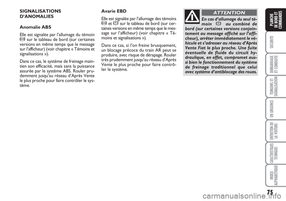 FIAT FIORINO 2007 Notice dentretien (in French) 75
SECURITE
DEMARRAGE
ET CONDUITE
TEMOINS ETSIGNALISATION
EN URGENCE
ENTRETIEN DE
LA VOITURE
CARACTERISTIQUES
TECHNIQUES
INDEX
ALPHABETIQUE
PLANCHE
DE BORD ET
COMMANDES
SIGNALISATIONS
D’ANOMALIES
An FIAT FIORINO 2007 Notice dentretien (in French) 75
SECURITE
DEMARRAGE
ET CONDUITE
TEMOINS ETSIGNALISATION
EN URGENCE
ENTRETIEN DE
LA VOITURE
CARACTERISTIQUES
TECHNIQUES
INDEX
ALPHABETIQUE
PLANCHE
DE BORD ET
COMMANDES
SIGNALISATIONS
D’ANOMALIES
An