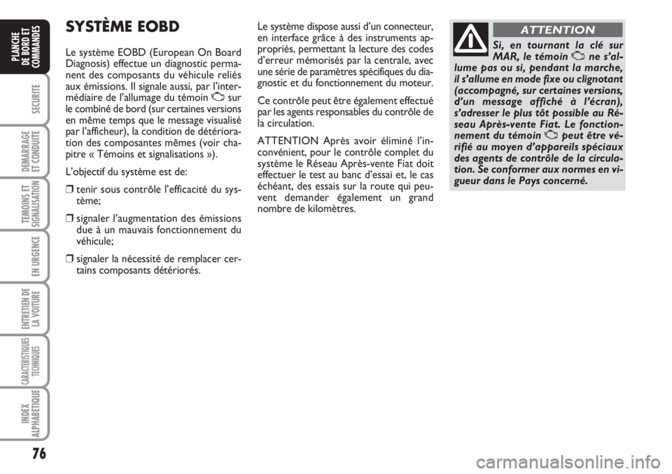 FIAT FIORINO 2007 Notice dentretien (in French) 76
SECURITE
DEMARRAGE
ET CONDUITE
TEMOINS ETSIGNALISATION
EN URGENCE
ENTRETIEN DE
LA VOITURE
CARACTERISTIQUES
TECHNIQUES
INDEX
ALPHABETIQUE
PLANCHE
DE BORD ET
COMMANDES
SYSTÈME EOBD
Le système EOBD FIAT FIORINO 2007 Notice dentretien (in French) 76
SECURITE
DEMARRAGE
ET CONDUITE
TEMOINS ETSIGNALISATION
EN URGENCE
ENTRETIEN DE
LA VOITURE
CARACTERISTIQUES
TECHNIQUES
INDEX
ALPHABETIQUE
PLANCHE
DE BORD ET
COMMANDES
SYSTÈME EOBD
Le système EOBD