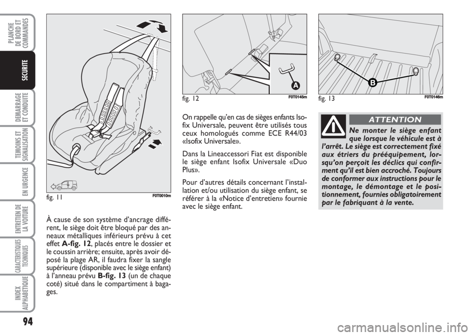 FIAT FIORINO 2007  Notice dentretien (in French) 94
DEMARRAGE
ET CONDUITE
TEMOINS ETSIGNALISATION
EN URGENCE
ENTRETIEN DE
LA VOITURE
CARACTERISTIQUES
TECHNIQUES
INDEX
ALPHABETIQUE
PLANCHE
DE BORD ET
COMMANDES
SECURITE
fig. 13FF0T0146mfig. 12F0T0145m