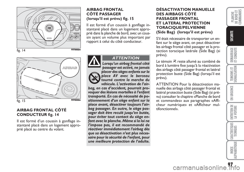 FIAT FIORINO 2007  Notice dentretien (in French) 97
DEMARRAGE
ET CONDUITE
TEMOINS ETSIGNALISATION
EN URGENCE
ENTRETIEN DE
LA VOITURE
CARACTERISTIQUES
TECHNIQUES
INDEX
ALPHABETIQUE
PLANCHE
DE BORD ET
COMMANDES
SECURITE
AIRBAG FRONTAL CÔTÉ 
CONDUCTE