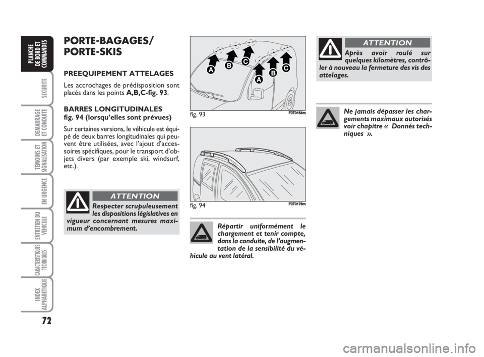 FIAT FIORINO 2008  Notice dentretien (in French) 72
SECURITE
DEMARRAGE
ET CONDUITE
TEMOINS ETSIGNALISATION
EN URGENCE
ENTRETIEN DU
VEHICULE
CARACTERISTIQUES
TECHNIQUES
INDEX
ALPHABETIQUE
PLANCHE
DE BORD ET
COMMANDES
PORTE-BAGAGES/
PORTE-SKIS
PREEQUI