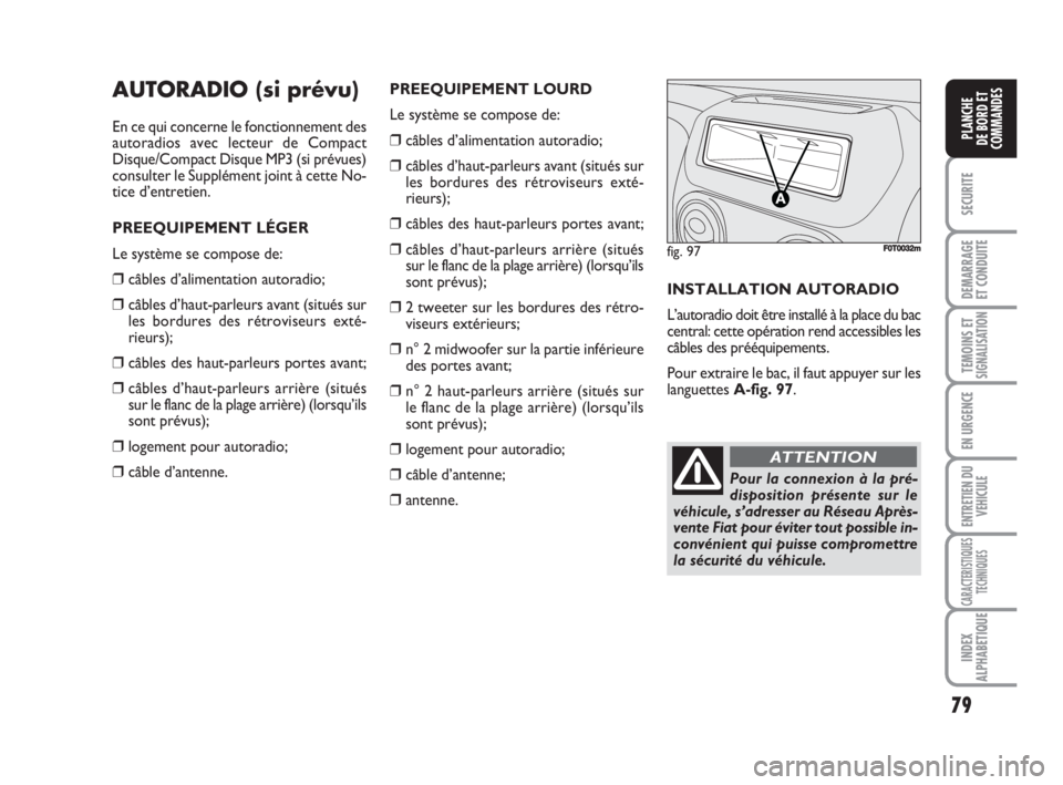 FIAT FIORINO 2008  Notice dentretien (in French) 79
SECURITE
DEMARRAGE
ET CONDUITE
TEMOINS ETSIGNALISATION
EN URGENCE
ENTRETIEN DU
VEHICULE
CARACTERISTIQUES
TECHNIQUES
INDEX
ALPHABETIQUE
PLANCHE
DE BORD ET
COMMANDES
AUTORADIO (si prévu)
En ce qui c