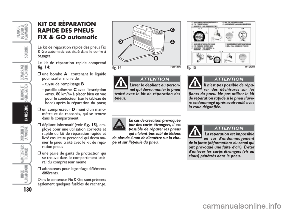 FIAT FIORINO 2009 Notice dentretien (in French) 130
SECURITE
DEMARRAGE
ET CONDUITE
TEMOINS ETSIGNALISATION
ENTRETIEN DE
LA VOITURE
CARACTERISTIQUES
TECHNIQUES
INDEX
ALPHABETIQUE
PLANCHE
DE BORD ET
COMMANDES
EN URGENCE
KIT DE RÉPARATION
RAPIDE DES FIAT FIORINO 2009 Notice dentretien (in French) 130
SECURITE
DEMARRAGE
ET CONDUITE
TEMOINS ETSIGNALISATION
ENTRETIEN DE
LA VOITURE
CARACTERISTIQUES
TECHNIQUES
INDEX
ALPHABETIQUE
PLANCHE
DE BORD ET
COMMANDES
EN URGENCE
KIT DE RÉPARATION
RAPIDE DES