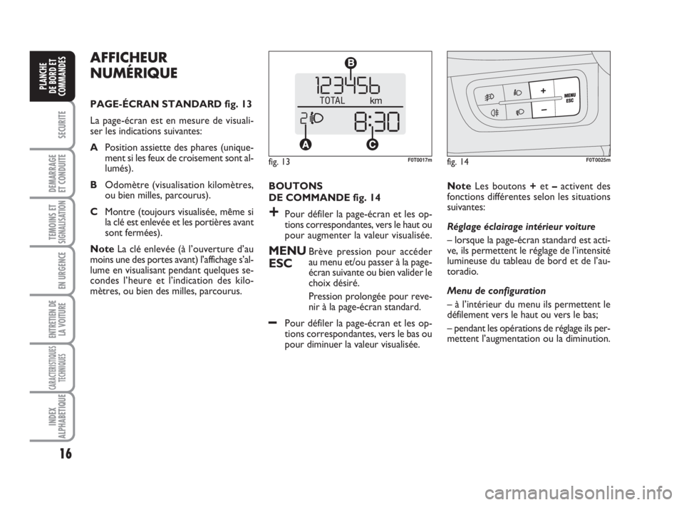 FIAT FIORINO 2009  Notice dentretien (in French) 16
SECURITE
DEMARRAGE
ET CONDUITE
TEMOINS ETSIGNALISATION
EN URGENCE
ENTRETIEN DE
LA VOITURE
CARACTERISTIQUES
TECHNIQUES
INDEX
ALPHABETIQUE
PLANCHE
DE BORD ET
COMMANDES
BOUTONS 
DE COMMANDE fig. 14
+P
