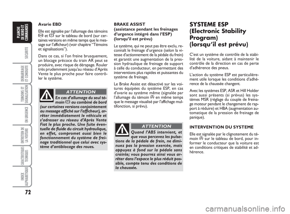 FIAT FIORINO 2009 Notice dentretien (in French) 72
SECURITE
DEMARRAGE
ET CONDUITE
TEMOINS ETSIGNALISATION
EN URGENCE
ENTRETIEN DE
LA VOITURE
CARACTERISTIQUES
TECHNIQUES
INDEX
ALPHABETIQUE
PLANCHE
DE BORD ET
COMMANDES
Avarie EBD
Elle est signalée p FIAT FIORINO 2009 Notice dentretien (in French) 72
SECURITE
DEMARRAGE
ET CONDUITE
TEMOINS ETSIGNALISATION
EN URGENCE
ENTRETIEN DE
LA VOITURE
CARACTERISTIQUES
TECHNIQUES
INDEX
ALPHABETIQUE
PLANCHE
DE BORD ET
COMMANDES
Avarie EBD
Elle est signalée p