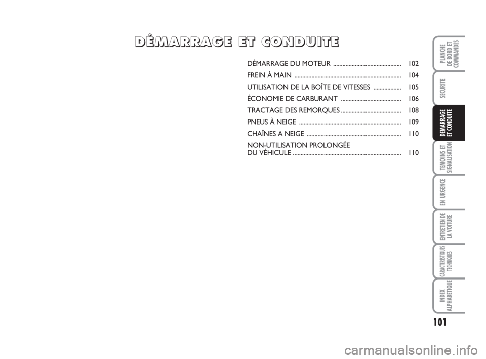 FIAT FIORINO 2014 Notice dentretien (in French) 101
SECURITE
TEMOINS ETSIGNALISATION
EN URGENCE
ENTRETIEN DE
LA VOITURE
CARACTERISTIQUES
TECHNIQUES
INDEX
ALPHABETIQUE
PLANCHE
DE BORD ET
COMMANDES
DEMARRAGE
ET CONDUITE
DÉMARRAGE DU MOTEUR ......... FIAT FIORINO 2014 Notice dentretien (in French) 101
SECURITE
TEMOINS ETSIGNALISATION
EN URGENCE
ENTRETIEN DE
LA VOITURE
CARACTERISTIQUES
TECHNIQUES
INDEX
ALPHABETIQUE
PLANCHE
DE BORD ET
COMMANDES
DEMARRAGE
ET CONDUITE
DÉMARRAGE DU MOTEUR .........