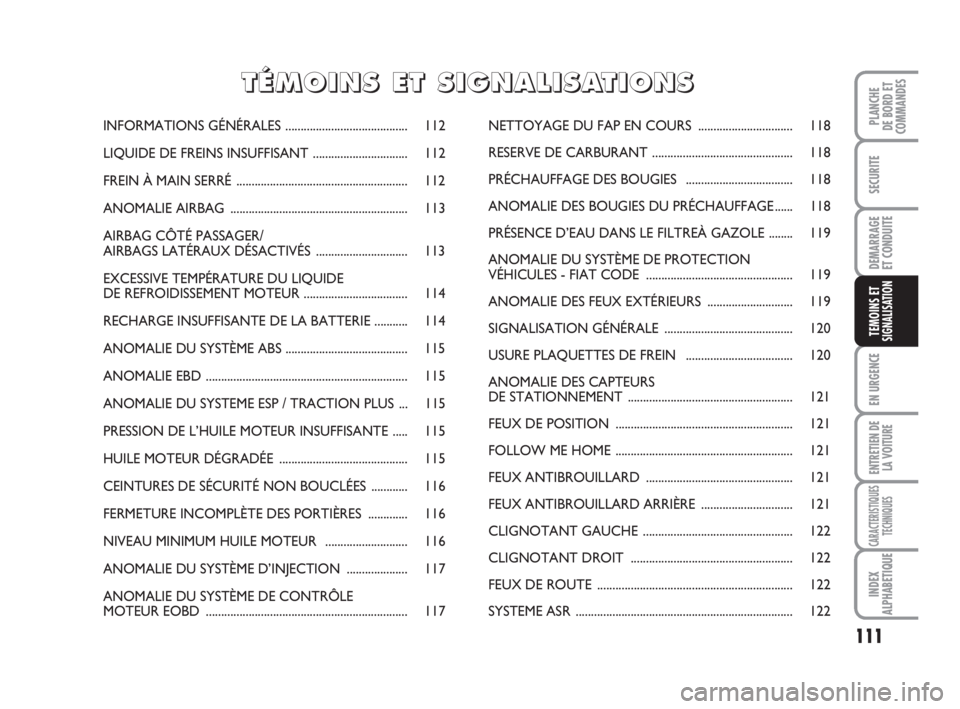 FIAT FIORINO 2015  Notice dentretien (in French) 111
SECURITE
DEMARRAGE
ET CONDUITE
EN URGENCE
ENTRETIEN DE
LA VOITURE
CARACTERISTIQUES
TECHNIQUES
INDEX
ALPHABETIQUE
PLANCHE
DE BORD ET
COMMANDES
TEMOINS ETSIGNALISATION
INFORMATIONS GÉNÉRALES......