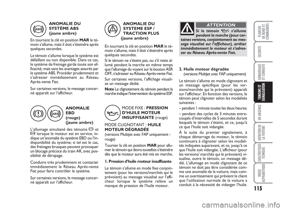 FIAT FIORINO 2014 Notice dentretien (in French) 115
SECURITE
DEMARRAGE
ET CONDUITE
EN URGENCE
ENTRETIEN DE
LA VOITURE
CARACTERISTIQUES
TECHNIQUES
INDEX
ALPHABETIQUE
PLANCHE
DE BORD ET
COMMANDES
TEMOINS ETSIGNALISATION
ANOMALIE DU
SYSTÈME ABS
(jau FIAT FIORINO 2014 Notice dentretien (in French) 115
SECURITE
DEMARRAGE
ET CONDUITE
EN URGENCE
ENTRETIEN DE
LA VOITURE
CARACTERISTIQUES
TECHNIQUES
INDEX
ALPHABETIQUE
PLANCHE
DE BORD ET
COMMANDES
TEMOINS ETSIGNALISATION
ANOMALIE DU
SYSTÈME ABS
(jau