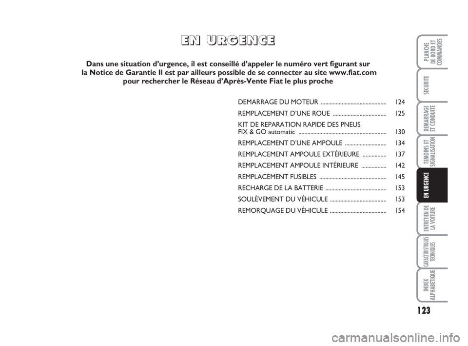 FIAT FIORINO 2014 Notice dentretien (in French) 123
SECURITE
DEMARRAGE
ET CONDUITE
TEMOINS ETSIGNALISATION
ENTRETIEN DE
LA VOITURE
CARACTERISTIQUES
TECHNIQUES
INDEX
ALPHABETIQUE
PLANCHE
DE BORD ET
COMMANDES
EN URGENCE
DEMARRAGE DU MOTEUR .......... FIAT FIORINO 2014 Notice dentretien (in French) 123
SECURITE
DEMARRAGE
ET CONDUITE
TEMOINS ETSIGNALISATION
ENTRETIEN DE
LA VOITURE
CARACTERISTIQUES
TECHNIQUES
INDEX
ALPHABETIQUE
PLANCHE
DE BORD ET
COMMANDES
EN URGENCE
DEMARRAGE DU MOTEUR ..........
