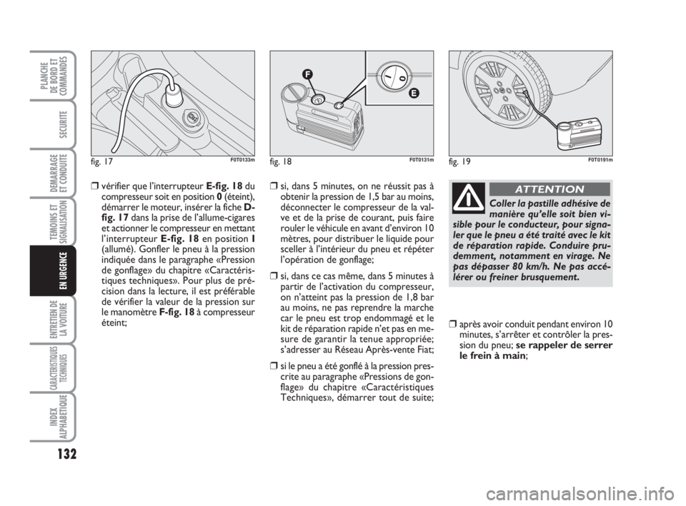 FIAT FIORINO 2014 Notice dentretien (in French) 132
SECURITE
DEMARRAGE
ET CONDUITE
TEMOINS ETSIGNALISATION
ENTRETIEN DE
LA VOITURE
CARACTERISTIQUES
TECHNIQUES
INDEX
ALPHABETIQUE
PLANCHE
DE BORD ET
COMMANDES
EN URGENCE
❒vérifier que l’interrupt FIAT FIORINO 2014 Notice dentretien (in French) 132
SECURITE
DEMARRAGE
ET CONDUITE
TEMOINS ETSIGNALISATION
ENTRETIEN DE
LA VOITURE
CARACTERISTIQUES
TECHNIQUES
INDEX
ALPHABETIQUE
PLANCHE
DE BORD ET
COMMANDES
EN URGENCE
❒vérifier que l’interrupt