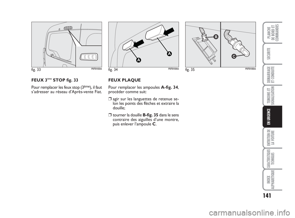FIAT FIORINO 2013  Notice dentretien (in French) 141
SECURITE
DEMARRAGE
ET CONDUITE
TEMOINS ETSIGNALISATION
ENTRETIEN DE
LA VOITURE
CARACTERISTIQUES
TECHNIQUES
INDEX
ALPHABETIQUE
PLANCHE
DE BORD ET
COMMANDES
EN URGENCE
FEUX 3èmeSTOP fig. 33
Pour re