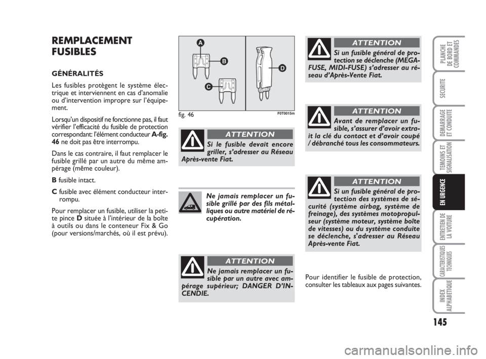 FIAT FIORINO 2015  Notice dentretien (in French) 145
SECURITE
DEMARRAGE
ET CONDUITE
TEMOINS ETSIGNALISATION
ENTRETIEN DE
LA VOITURE
CARACTERISTIQUES
TECHNIQUES
INDEX
ALPHABETIQUE
PLANCHE
DE BORD ET
COMMANDES
EN URGENCE
REMPLACEMENT
FUSIBLES
GÉNÉRA