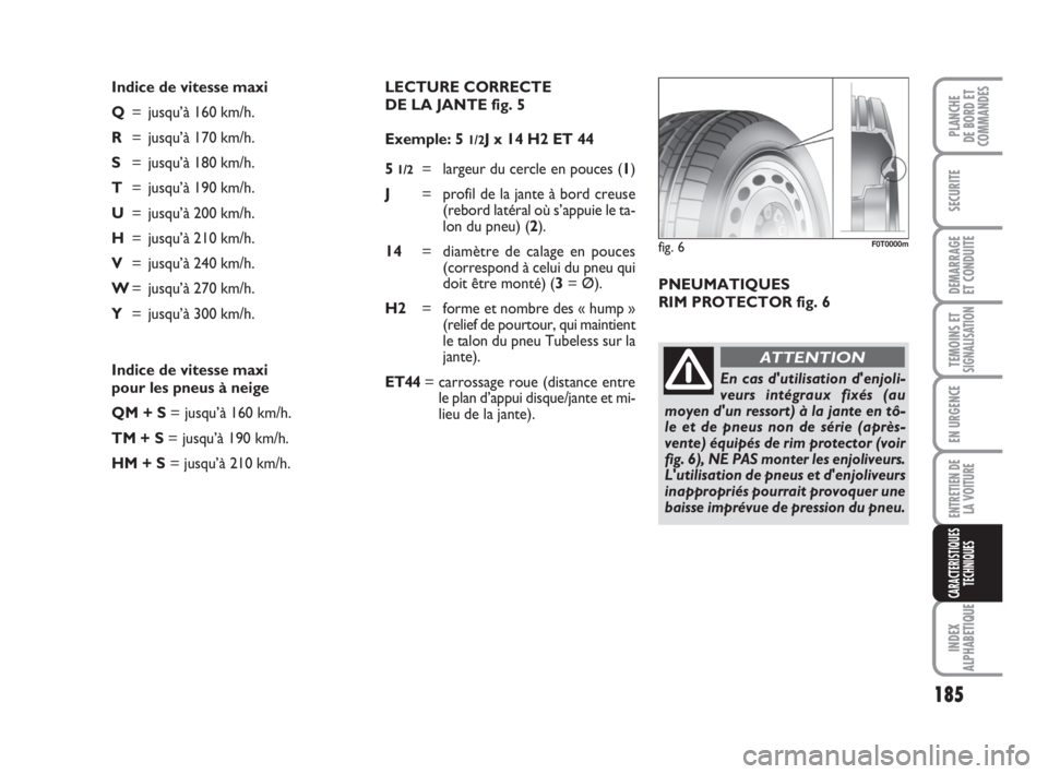 FIAT FIORINO 2012 Notice dentretien (in French) 185
SECURITE
DEMARRAGE
ET CONDUITE
TEMOINS ETSIGNALISATION
EN URGENCE
ENTRETIEN DE
LA VOITURE
INDEX
ALPHABETIQUE
PLANCHE
DE BORD ET
COMMANDES
CARACTERISTIQUES
TECHNIQUES
Indice de vitesse maxi
Q= jusq FIAT FIORINO 2012 Notice dentretien (in French) 185
SECURITE
DEMARRAGE
ET CONDUITE
TEMOINS ETSIGNALISATION
EN URGENCE
ENTRETIEN DE
LA VOITURE
INDEX
ALPHABETIQUE
PLANCHE
DE BORD ET
COMMANDES
CARACTERISTIQUES
TECHNIQUES
Indice de vitesse maxi
Q= jusq