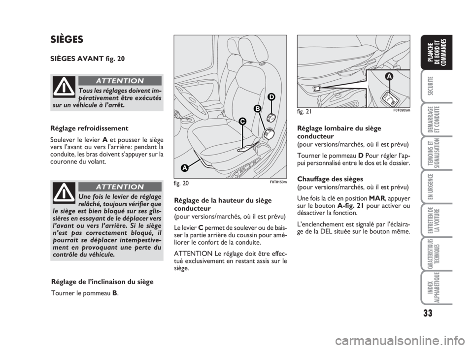 FIAT FIORINO 2013 Notice dentretien (in French) 33
SECURITE
DEMARRAGE
ET CONDUITE
TEMOINS ETSIGNALISATION
EN URGENCE
ENTRETIEN DE
LA VOITURE
CARACTERISTIQUES
TECHNIQUES
INDEX
ALPHABETIQUE
PLANCHE
DE BORD ET
COMMANDES
fig. 20F0T0153m
SIÈGES
SIÈGES FIAT FIORINO 2013 Notice dentretien (in French) 33
SECURITE
DEMARRAGE
ET CONDUITE
TEMOINS ETSIGNALISATION
EN URGENCE
ENTRETIEN DE
LA VOITURE
CARACTERISTIQUES
TECHNIQUES
INDEX
ALPHABETIQUE
PLANCHE
DE BORD ET
COMMANDES
fig. 20F0T0153m
SIÈGES
SIÈGES