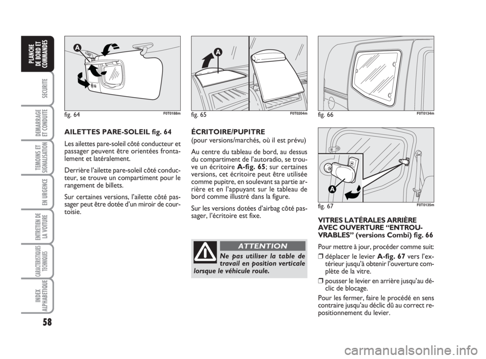 FIAT FIORINO 2011  Notice dentretien (in French) 58
SECURITE
DEMARRAGE
ET CONDUITE
TEMOINS ETSIGNALISATION
EN URGENCE
ENTRETIEN DE
LA VOITURE
CARACTERISTIQUES
TECHNIQUES
INDEX
ALPHABETIQUE
PLANCHE
DE BORD ET
COMMANDES
fig. 66F0T0134m
fig. 67
A
F0T01