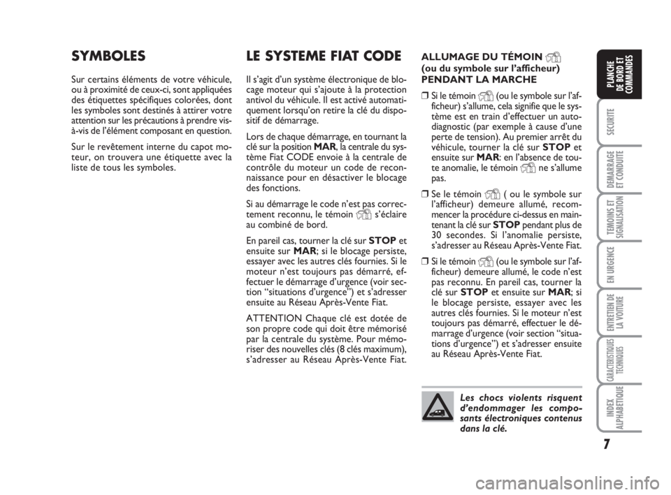 FIAT FIORINO 2016  Notice dentretien (in French) 7
SECURITE
DEMARRAGE
ET CONDUITE
TEMOINS ETSIGNALISATION
EN URGENCE
ENTRETIEN DE
LA VOITURE
CARACTERISTIQUES
TECHNIQUES
INDEX
ALPHABETIQUE
PLANCHE
DE BORD ET
COMMANDES
LE SYSTEME FIAT CODE
Il s’agit