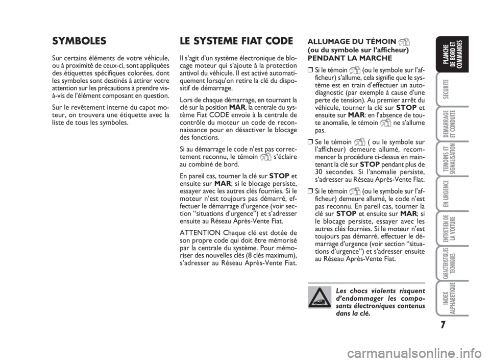 FIAT FIORINO 2012  Notice dentretien (in French) 7
SECURITE
DEMARRAGE
ET CONDUITE
TEMOINS ETSIGNALISATION
EN URGENCE
ENTRETIEN DE
LA VOITURE
CARACTERISTIQUES
TECHNIQUES
INDEX
ALPHABETIQUE
PLANCHE
DE BORD ET
COMMANDES
LE SYSTEME FIAT CODE
Il s’agit