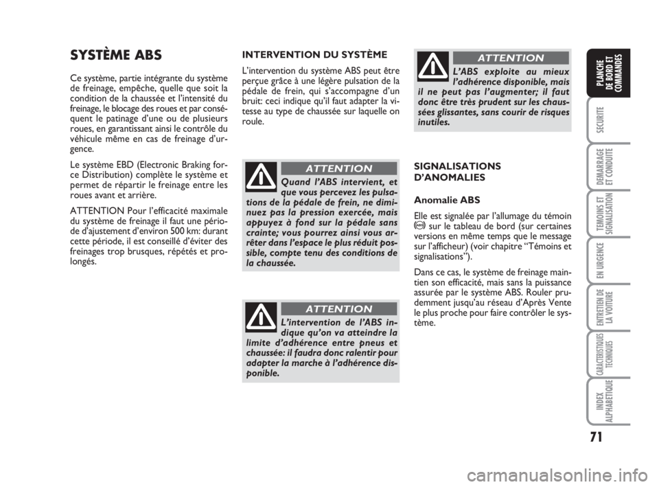 FIAT FIORINO 2014 Notice dentretien (in French) 71
SECURITE
DEMARRAGE
ET CONDUITE
TEMOINS ETSIGNALISATION
EN URGENCE
ENTRETIEN DE
LA VOITURE
CARACTERISTIQUES
TECHNIQUES
INDEX
ALPHABETIQUE
PLANCHE
DE BORD ET
COMMANDES
SYSTÈME ABS
Ce système, parti FIAT FIORINO 2014 Notice dentretien (in French) 71
SECURITE
DEMARRAGE
ET CONDUITE
TEMOINS ETSIGNALISATION
EN URGENCE
ENTRETIEN DE
LA VOITURE
CARACTERISTIQUES
TECHNIQUES
INDEX
ALPHABETIQUE
PLANCHE
DE BORD ET
COMMANDES
SYSTÈME ABS
Ce système, parti