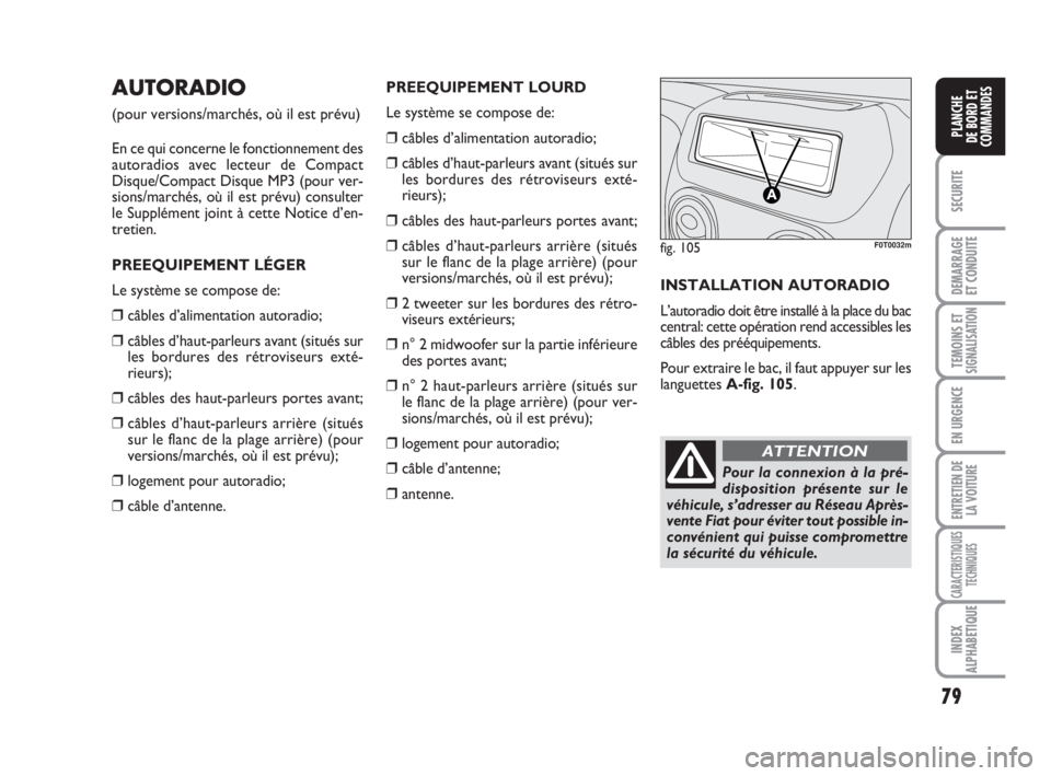 FIAT FIORINO 2011  Notice dentretien (in French) 79
SECURITE
DEMARRAGE
ET CONDUITE
TEMOINS ETSIGNALISATION
EN URGENCE
ENTRETIEN DE
LA VOITURE
CARACTERISTIQUES
TECHNIQUES
INDEX
ALPHABETIQUE
PLANCHE
DE BORD ET
COMMANDES
AUTORADIO
(pour versions/march�