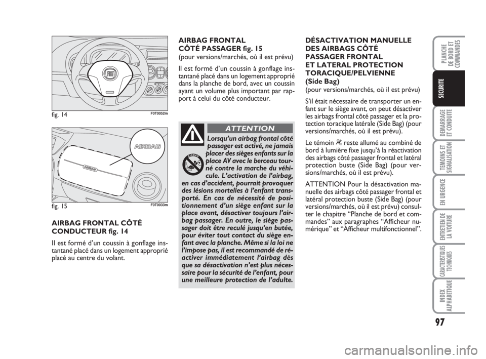 FIAT FIORINO 2015  Notice dentretien (in French) 97
DEMARRAGE
ET CONDUITE
TEMOINS ETSIGNALISATION
EN URGENCE
ENTRETIEN DE
LA VOITURE
CARACTERISTIQUES
TECHNIQUES
INDEX
ALPHABETIQUE
PLANCHE
DE BORD ET
COMMANDES
SECURITE
AIRBAG FRONTAL CÔTÉ 
CONDUCTE