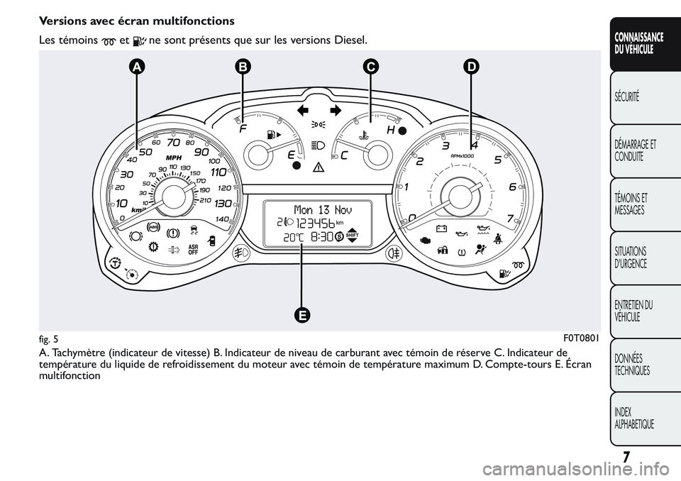 FIAT FIORINO 2017 Notice dentretien (in French) Versions avec écran multifonctions
Les témoins
etne sont présents que sur les versions Diesel.
A. Tachymètre (indicateur de vitesse) B. Indicateur de niveau de carburant avec témoin de réserve C FIAT FIORINO 2017 Notice dentretien (in French) Versions avec écran multifonctions
Les témoins
etne sont présents que sur les versions Diesel.
A. Tachymètre (indicateur de vitesse) B. Indicateur de niveau de carburant avec témoin de réserve C