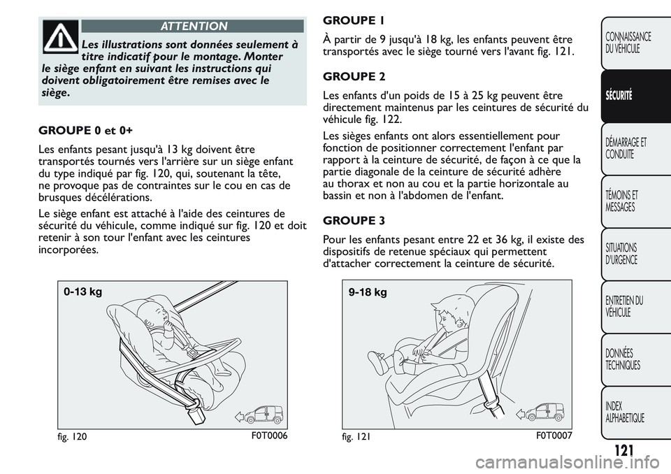 FIAT FIORINO 2017  Notice dentretien (in French) ATTENTION
Les illustrations sont données seulement à
titre indicatif pour le montage. Monter
le siège enfant en suivant les instructions qui
doivent obligatoirement être remises avec le
siège.
GR