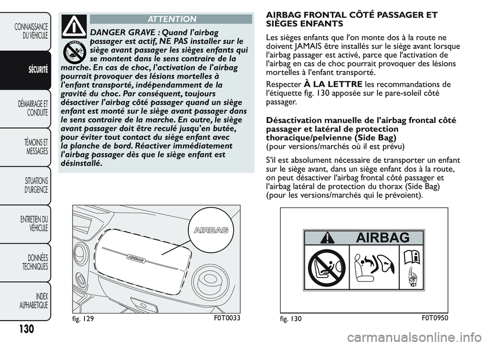 FIAT FIORINO 2017 Notice dentretien (in French) ATTENTION
DANGER GRAVE : Quand l'airbag
passager est actif, NE PAS installer sur le
siège avant passager les sièges enfants qui
se montent dans le sens contraire de la
marche. En cas de choc , l FIAT FIORINO 2017 Notice dentretien (in French) ATTENTION
DANGER GRAVE : Quand l'airbag
passager est actif, NE PAS installer sur le
siège avant passager les sièges enfants qui
se montent dans le sens contraire de la
marche. En cas de choc , l