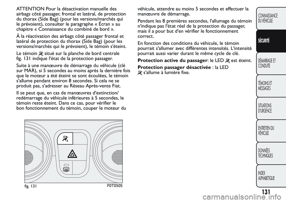FIAT FIORINO 2017 Notice dentretien (in French) ATTENTION Pour la désactivation manuelle des
airbags côté passager, frontal et latéral, de protection
du thorax (Side Bag) (pour les versions/marchés qui
le prévoient), consulter le paragraphe FIAT FIORINO 2017 Notice dentretien (in French) ATTENTION Pour la désactivation manuelle des
airbags côté passager, frontal et latéral, de protection
du thorax (Side Bag) (pour les versions/marchés qui
le prévoient), consulter le paragraphe
