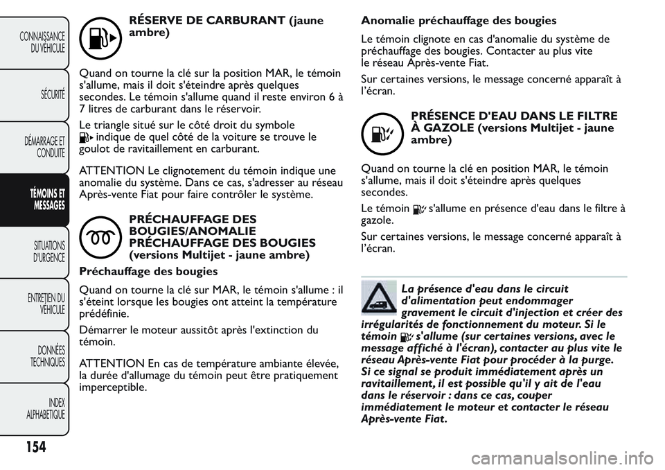 FIAT FIORINO 2017 Notice dentretien (in French) RÉSERVE DE CARBURANT (jaune
ambre)
Quand on tourne la clé sur la position MAR, le témoin
s'allume, mais il doit s'éteindre après quelques
secondes. Le témoin s'allume quand il reste FIAT FIORINO 2017 Notice dentretien (in French) RÉSERVE DE CARBURANT (jaune
ambre)
Quand on tourne la clé sur la position MAR, le témoin
s'allume, mais il doit s'éteindre après quelques
secondes. Le témoin s'allume quand il reste