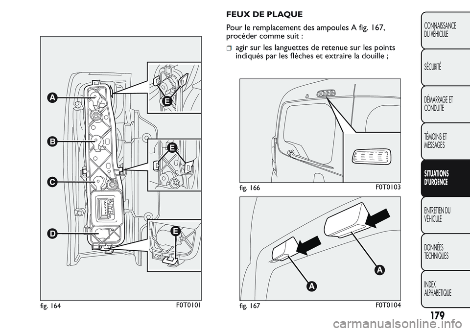 FIAT FIORINO 2017  Notice dentretien (in French) FEUX DE PLAQUE
Pour le remplacement des ampoules A fig. 167,
procéder comme suit :
agir sur les languettes de retenue sur les points
indiqués par les flèches et extraire la douille ;
fig. 164F0T010